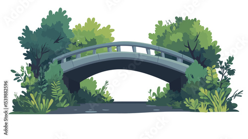 The image is a digital illustration depicting a small stone arch bridge nestled within a vibrant landscape. The bridge is rendered in shades of grey and features a simple balustrade. 