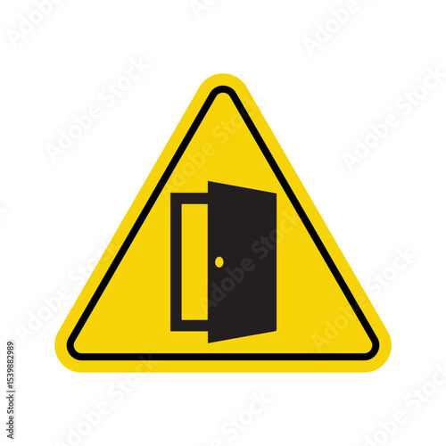 caution open door sign with door symbol on yellow triangular background
