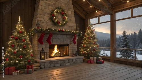 Cozy Christmas Cabin Scene with Fireplace, Decorated Trees, Stockings, and Gifts – Festive Winter Mood