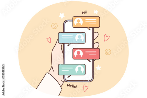 Mobile phone with messages in hands of person using social networks to correspond with friends photo
