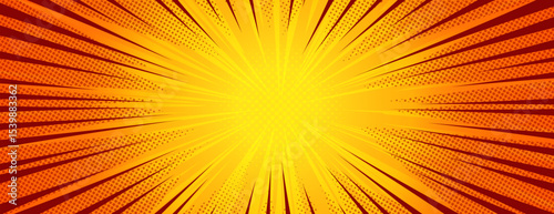 Dynamic anime explosion background with radial comic speed lines and halftone dots - bright burst effect radiating from center for manga panels, action scenes, superhero graphics or retro pop art.