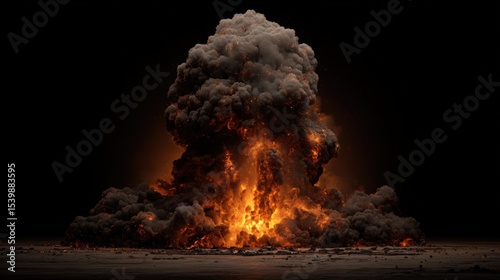 Massive explosive explosion with dark smoke and fiery flames against black background
