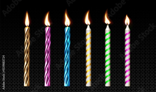 Colorful 3d birthday candle set with lit flames - realistic metallic twisted and striped spiral designs in various festive colors for cake decorating, party invitations or celebration greeting cards.