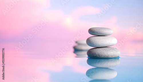 Stacked stones with calm water, and sunset.