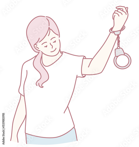 A confident woman holds handcuffs, symbolizing her freedom and empowerment, knowing her worth and capabilities