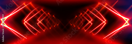 Futuristic red neon tunnel with glowing geometric lines - abstract corridor perspective with bright laser arrows creating infinite depth for cyberpunk bg, gaming or electronic music designs.