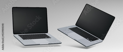 3d silver laptop mockup computers floating at angles with blank black screens and keyboards on transparent background. Realistic pc presentation design templates for business technology display.