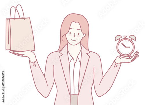 A professional balancing shopping bags and a clock, symbolizing effective time management for success