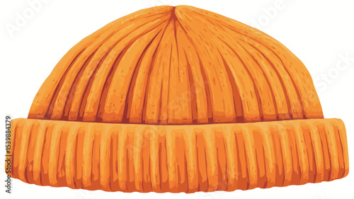 A digital illustration of an orange knit beanie hat. The hat is shown from a front view, displaying its ribbed texture and folded cuff. The color is a solid, saturated orange. 