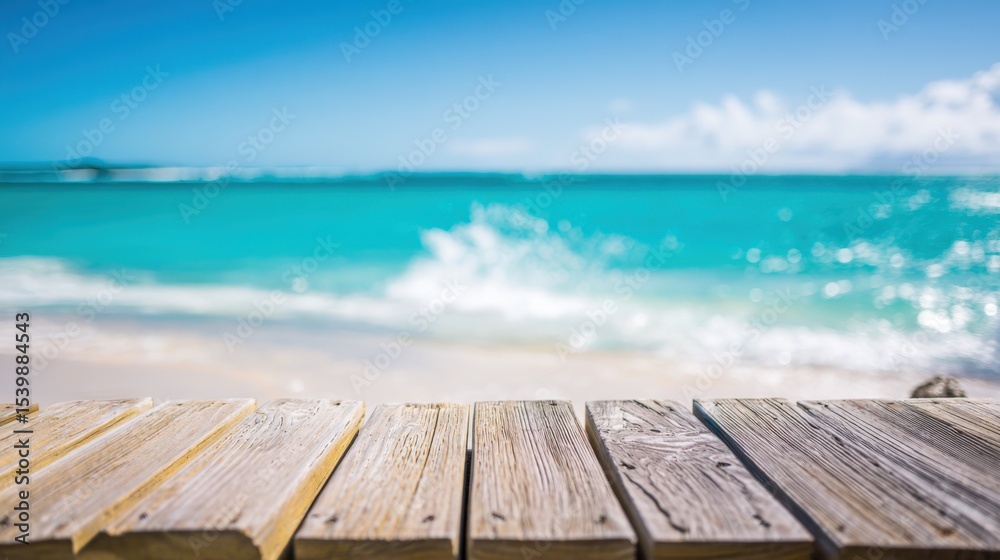 Fototapeta premium Scenic view of a wooden pier on a bright sunny day overlooking turquoise ocean waters and white sandy beach