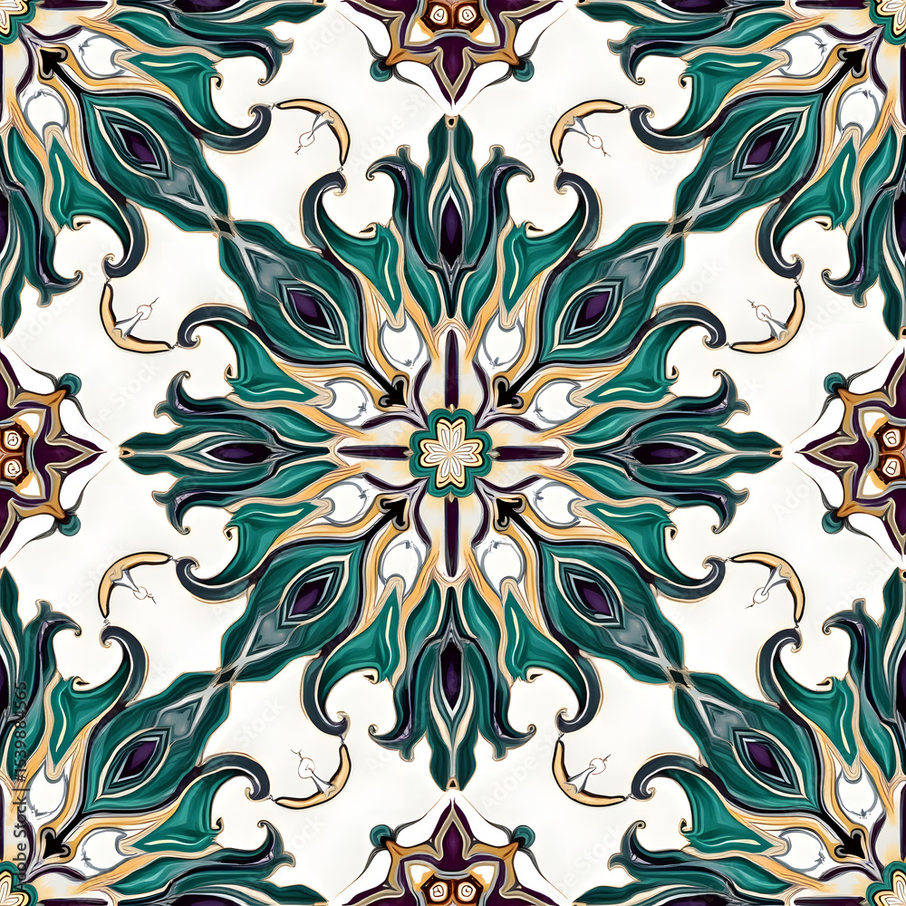 Fototapeta premium Teal and Gold Floral Pattern Tile Design