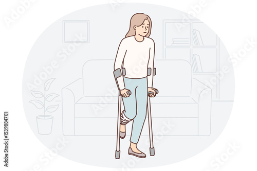 Disabled woman getting around with crutches injuring knee during car accident or fall