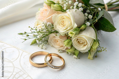 Romantic wedding rings and rose bouquet on a white textured background perfect for ceremony