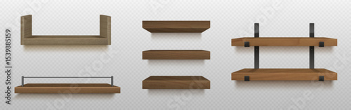 Wooden wall shelf collection - timber planks with metal brackets, brown storage boards for home decor. Modern furniture with mount, black supports, minimalist design elements in various styles.