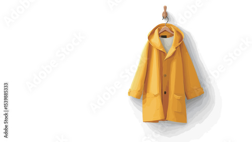 A studio shot of a yellow raincoat hanging on a wooden hook against a plain white background. The raincoat is a mid-length, hooded style with button closure and pockets. 
