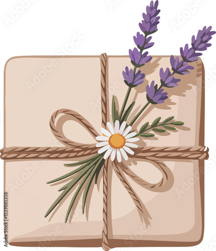 Crafted package wrapped in rustic twine, adorned with fragrant lavender, chamomile and lush sprigs, symbolizing the art of giving