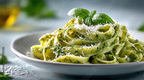 Delicious homemade fettuccine pasta with fresh basil and grated cheese on white plate photo