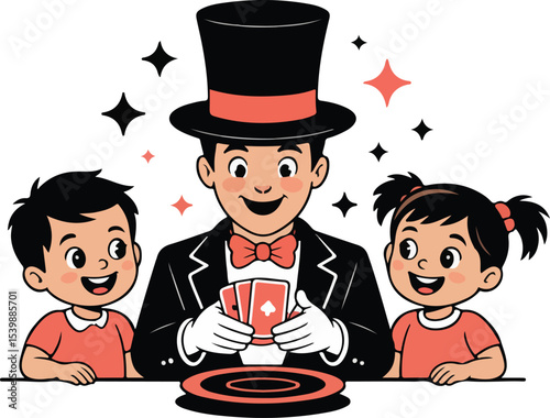 Magician and Kids A magician dressed in a suit, showcasing his art to children in a world of fantasy.