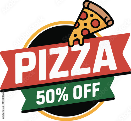 Pizza Discount slice of pizza alongside a bold "50% OFF" offer