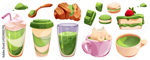 Matcha dessert set of Japanese tea flavored treats - layered drinks, latte cups, with cat foam art, powder spoon, croissant and chocolate blocks, macarons and strawberry cake. Cute cartoon style.