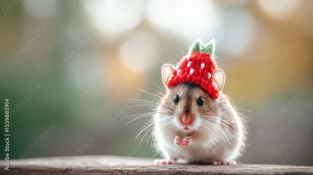 Fototapeta premium Adorable hamster wea a cute strawberry hat sitting on a wooden surface outdoors