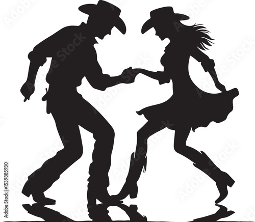 Silhouette of a cowboy dance. Cowboy man and girl dancer silhouette, illustration in black color.