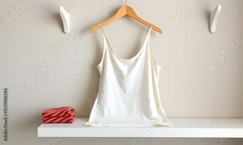 Simple white camisole hanging on a wooden hanger with a folded red towel on a shelf

