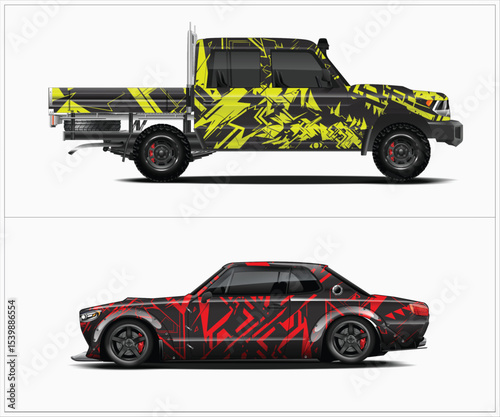 Abstract Graphic Designs for Pickup Truck and Sports Car