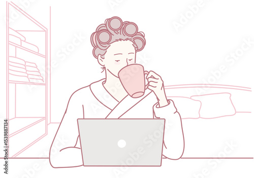 A serene and relaxed morning scene with a person leisurely sipping coffee while actively working on a laptop