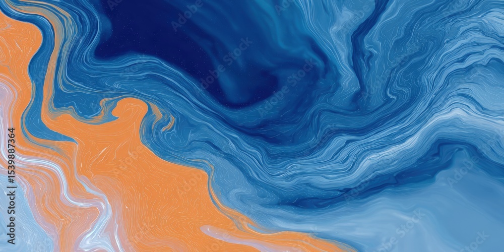 Fototapeta premium Abstract fluid art painting with swirling blue and orange marbled patterns