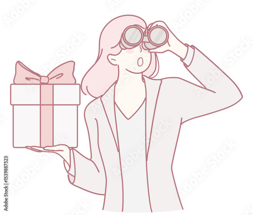A stylish and captivating illustration showing a person using binoculars, actively searching for exciting gifts