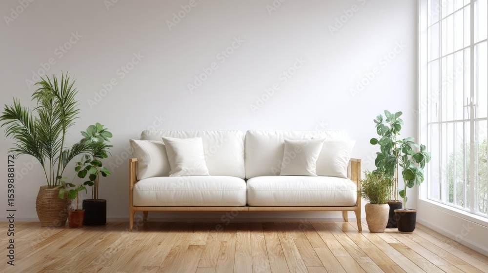 Fototapeta premium Bright Minimalist Living Room with White Sofa Natural Light Indoor Decor