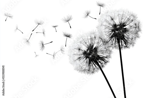 Two monochrome dandelion clocks, one partially dispersed, with seeds blowing on a white background