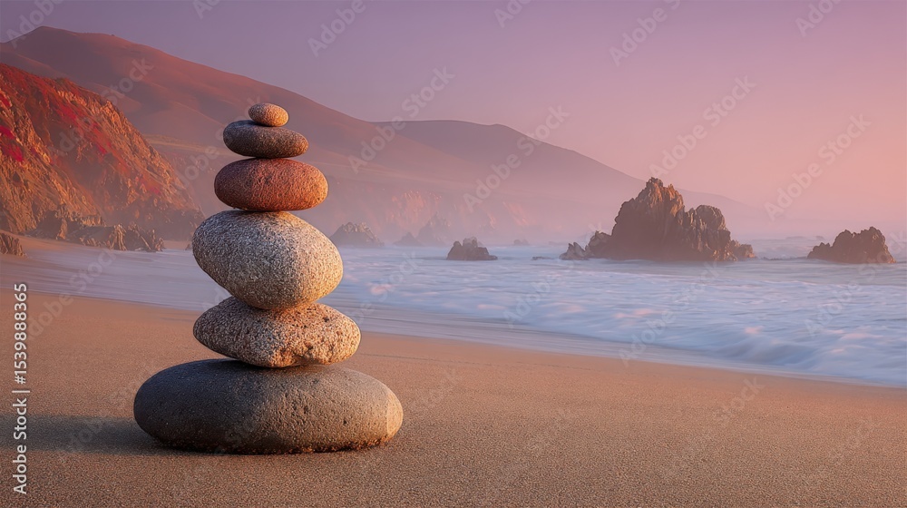 Fototapeta premium Serene sunset beach scene with stacked stones on sand and ocean waves in background