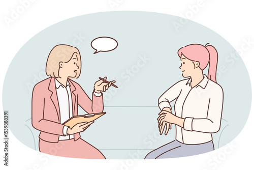 Woman HR manager asks questions to candidate who wants to become member of team of professionals
