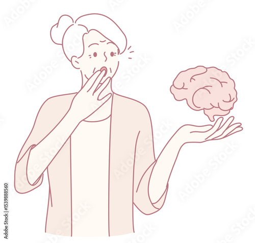 A woman is thoughtfully contemplating her ideas and holding a brain illustration delicately in her hand