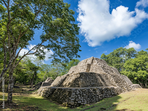 Ek' balam mayan ruins emerging from lush jungle in yucatan, mexico photo