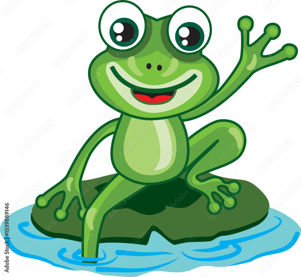 Obraz premium A playful and humorous cartoon frog character illustration. This cute green frog features exaggerated expressions and whimsical details, perfect for children’s books, stickers, T-shirts, educational m
