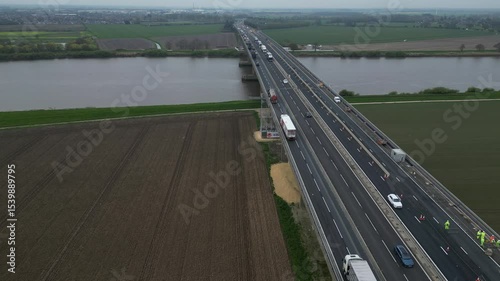 aerial view of The Ouse Bridge is a reinforced concrete plate girder bridge on the M62 that spans River Ouse. East Yorkshire 