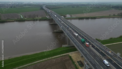 aerial view of The Ouse Bridge is a reinforced concrete plate girder bridge on the M62 that spans River Ouse. East Yorkshire 