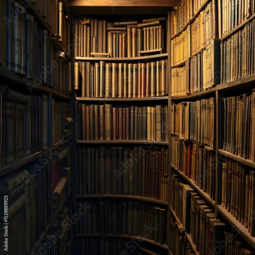 Tall shelves of ancient tomes wrapped in cloth, untouched for ages.