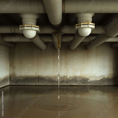 Pipes exposed overhead, dripping steadily into a puddle nobody sees.
