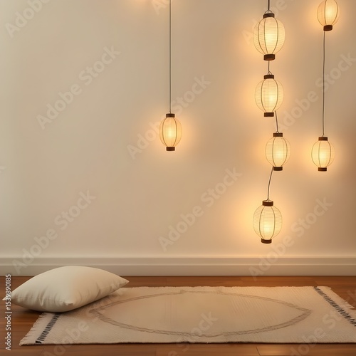 A small rug and cushion beside a softly glowing wall of paper lanterns.
