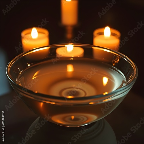 A bowl of water catching warm reflections from surrounding candlelight.