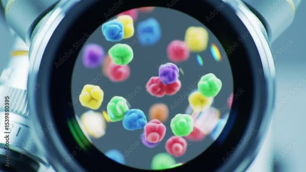 Microscopic view showcasing colorful spherical particles under a microscope lens analysis tool