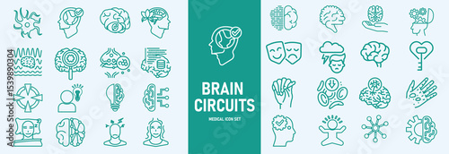 Brain circuits icon set. Containing mind, brainstorming, head, neuron, cognition, thinking, intelligence and more. Solid vector icons collection