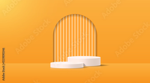 3D product Minimal display stand. White and orange geometric platform on orange background. Abstract geometric shapes in a simple design. Fashion stage mockup scene. Studio product display.
