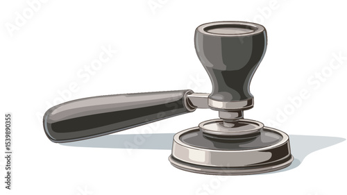 A digital illustration of a vintage rubber stamp. The stamp is depicted in shades of dark grey and silver, with a wooden handle. The illustration style is detailed and realistic, showing texture