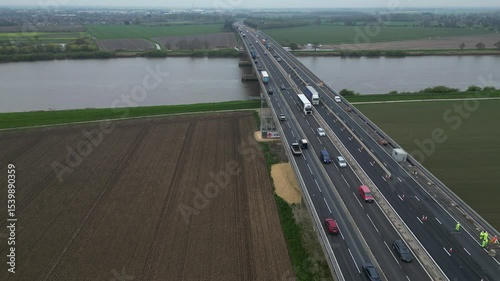 aerial view of The Ouse Bridge is a reinforced concrete plate girder bridge on the M62 that spans River Ouse. East Yorkshire 