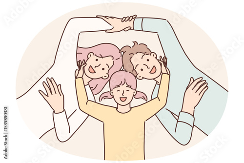 Daughter and parents smiling lying together experiencing happiness from family vacation, top view